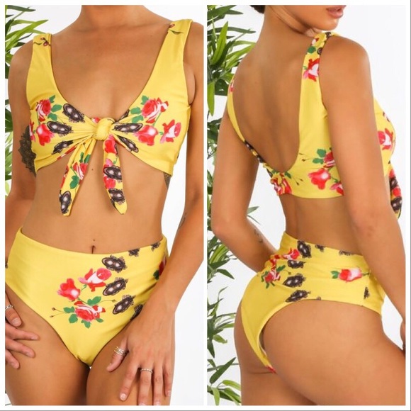 Yellow Floral Print High Leg- Bikini - Picture 2 of 2